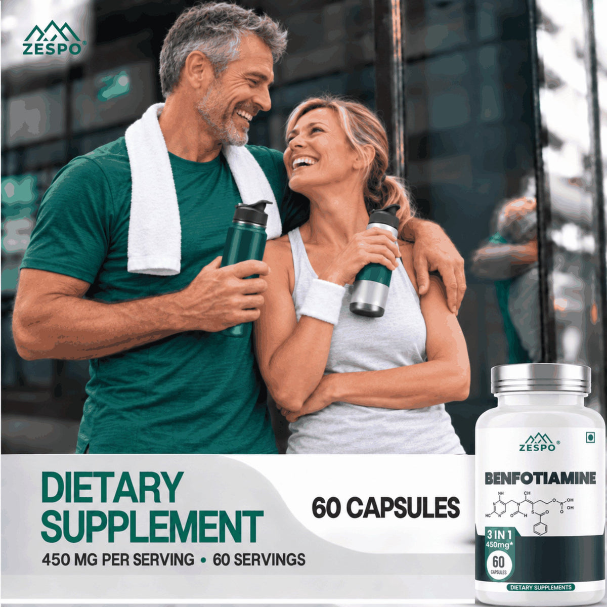Zespo Benfotiamine 3-in-1 Formula 450 mg | Benfotiamine 300 mg + Alpha Lipoic Acid + L-Leucine | Nerve Health & Energy Support | 60 Capsules