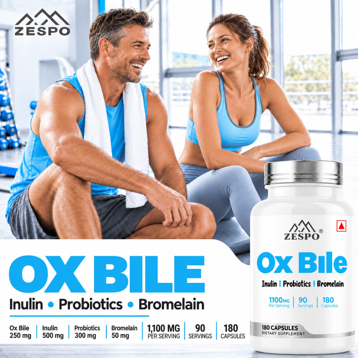 Zespo Ox Bile Complex 1,100 mg 4-in-1 Digestive Formula | Ox Bile, Inulin, Probiotics & Bromelain | Digestion & Gut Health Support | 180 Capsules