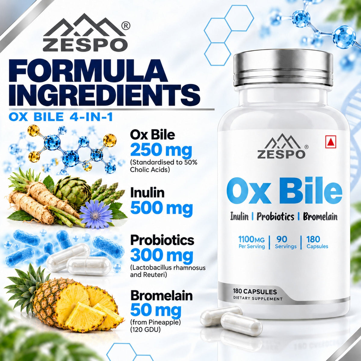 Zespo Ox Bile Complex 1,100 mg 4-in-1 Digestive Formula | Ox Bile, Inulin, Probiotics & Bromelain | Digestion & Gut Health Support | 180 Capsules