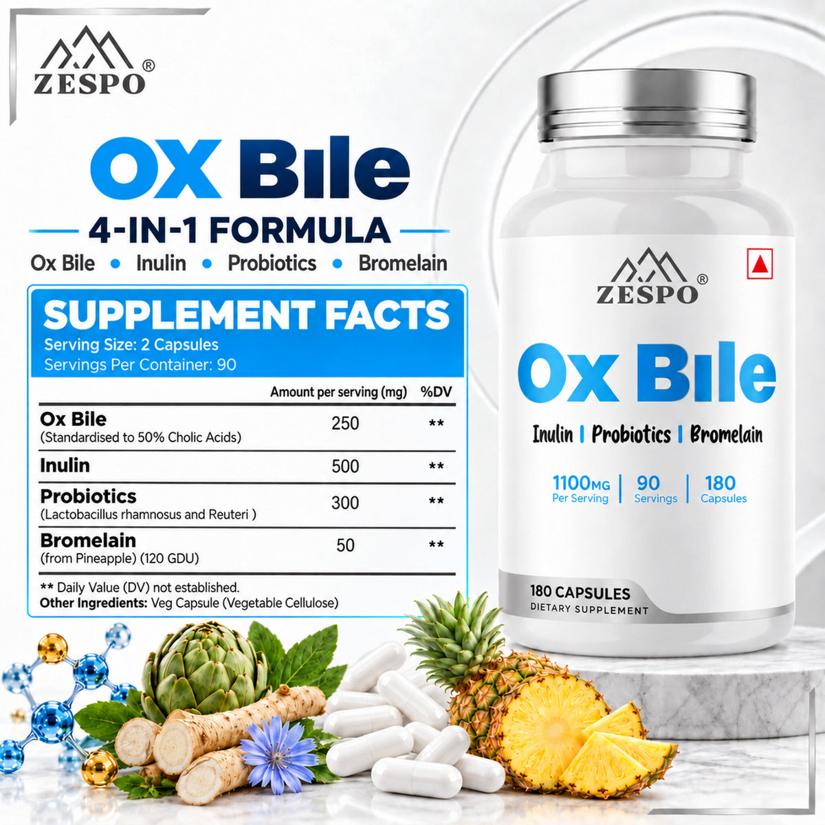 Zespo Ox Bile Complex 1,100 mg 4-in-1 Digestive Formula | Ox Bile, Inulin, Probiotics & Bromelain | Digestion & Gut Health Support | 180 Capsules