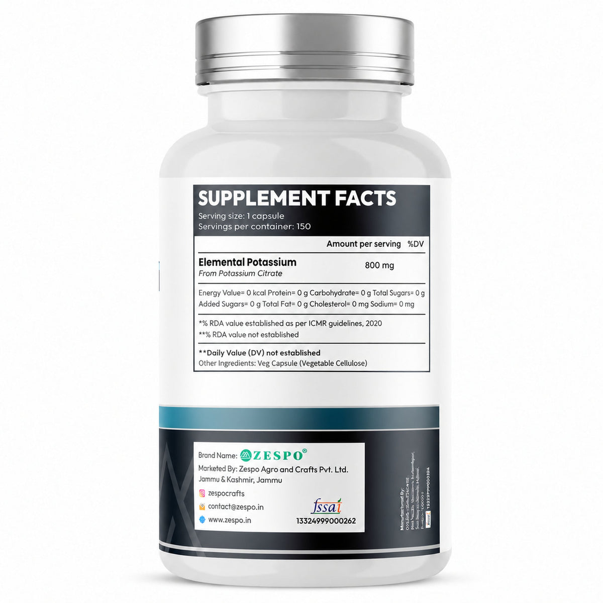 Zespo Potassium Citrate 800 mg (306 mg Elemental Potassium) | Electrolyte, Muscle & Nerve Function Support | 150 Veg Capsules