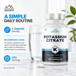Zespo Potassium Citrate 800 mg (306 mg Elemental Potassium) | Electrolyte, Muscle & Nerve Function Support | 150 Veg Capsules