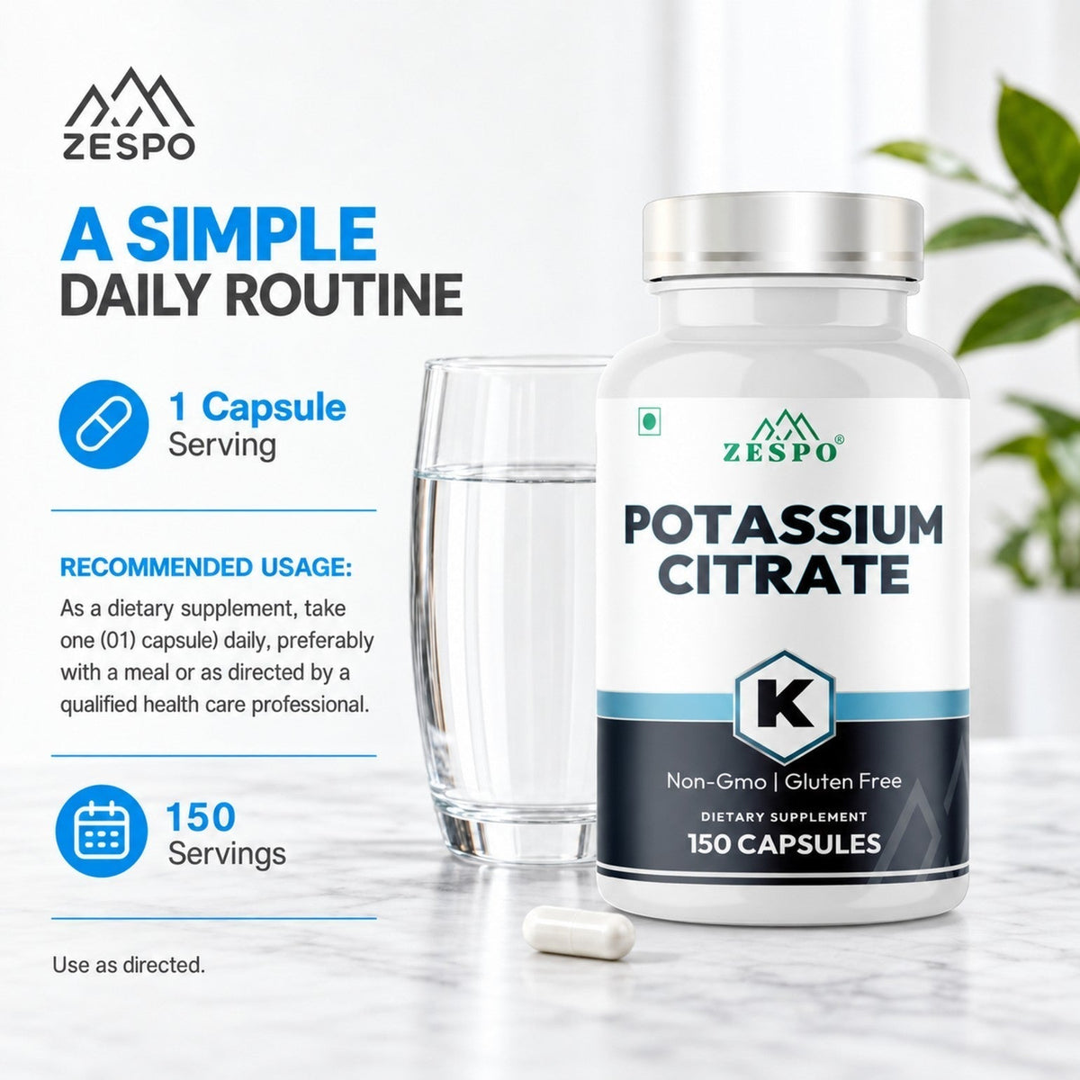 Zespo Potassium Citrate 800 mg (306 mg Elemental Potassium) | Electrolyte, Muscle & Nerve Function Support | 150 Veg Capsules