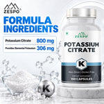 Zespo Potassium Citrate 800 mg (306 mg Elemental Potassium) | Electrolyte, Muscle & Nerve Function Support | 150 Veg Capsules