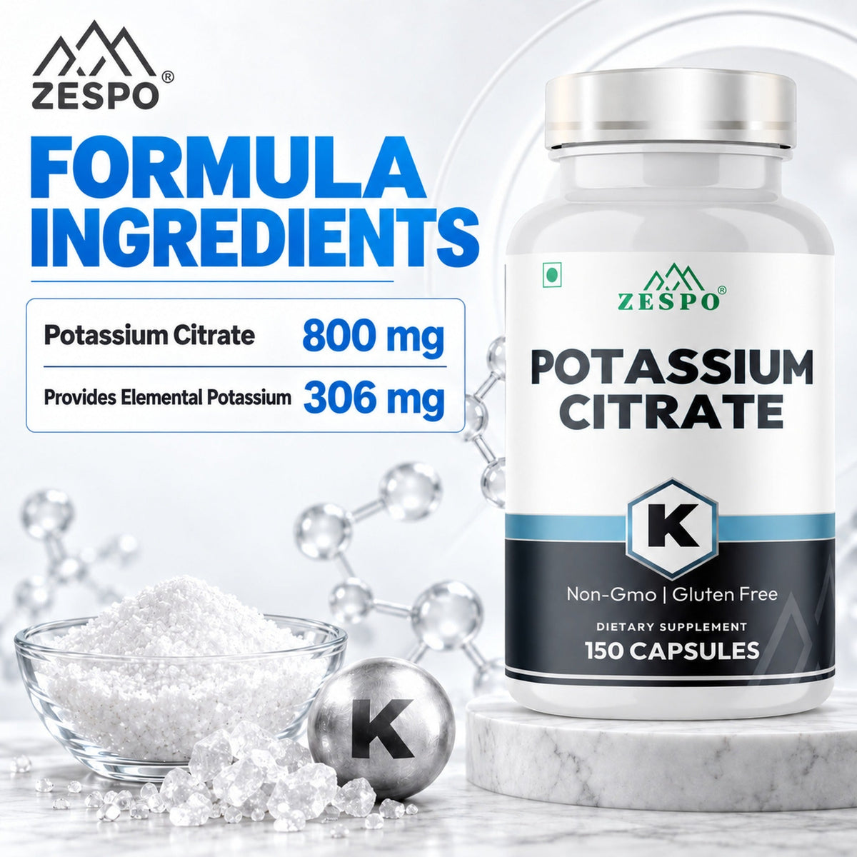 Zespo Potassium Citrate 800 mg (306 mg Elemental Potassium) | Electrolyte, Muscle & Nerve Function Support | 150 Veg Capsules