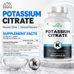 Zespo Potassium Citrate 800 mg (306 mg Elemental Potassium) | Electrolyte, Muscle & Nerve Function Support | 150 Veg Capsules