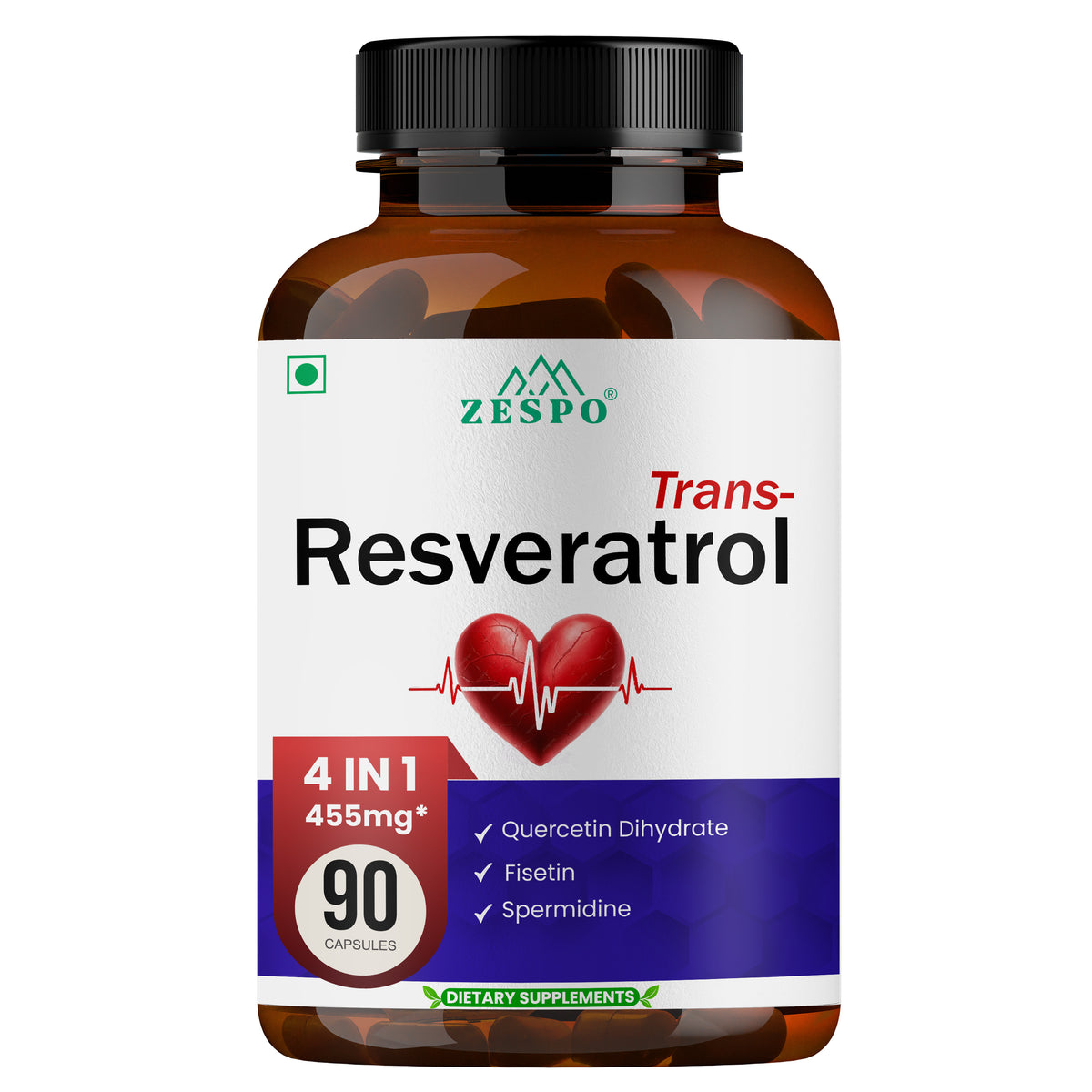 Zespo Trans-Resveratrol 4 in 1 – 455 mg Per Capsule with Quercetin Dihydrate, Fisetin & Spermidine – Supports Healthy Aging & Cellular Wellness – 90 Capsules