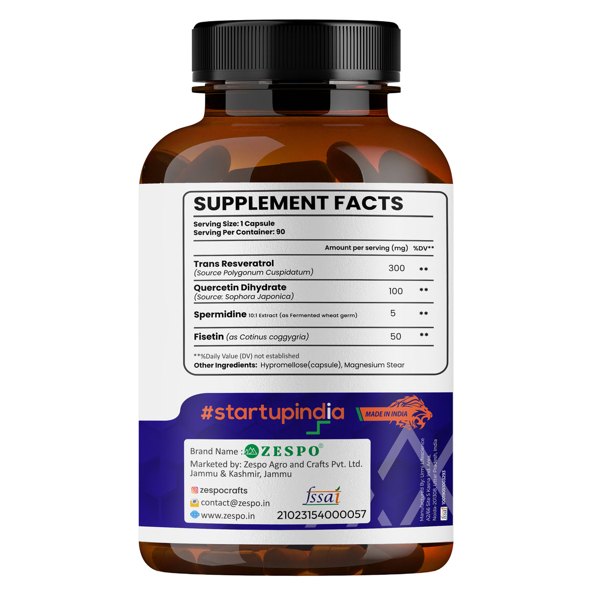 Zespo Trans-Resveratrol 4 in 1 – 455 mg Per Capsule with Quercetin Dihydrate, Fisetin & Spermidine – Supports Healthy Aging & Cellular Wellness – 90 Capsules