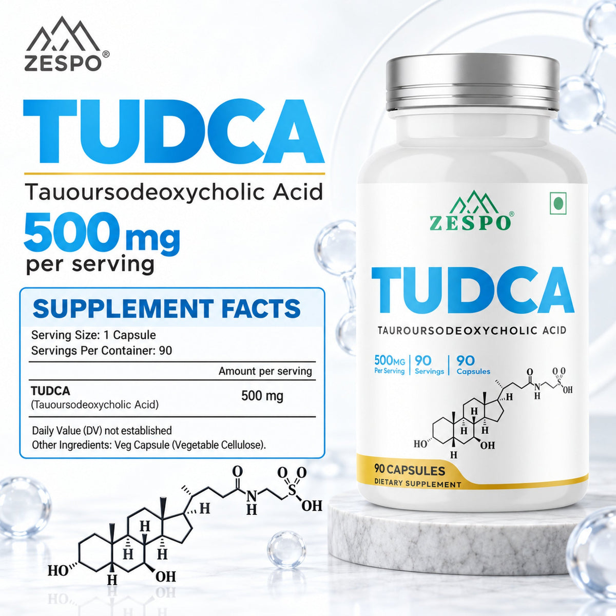 Zespo TUDCA 500 mg (Tauroursodeoxycholic Acid) | Pure TUDCA for Liver Health & Bile Flow Support | 1 Capsule Daily | 90 Vegan Capsules