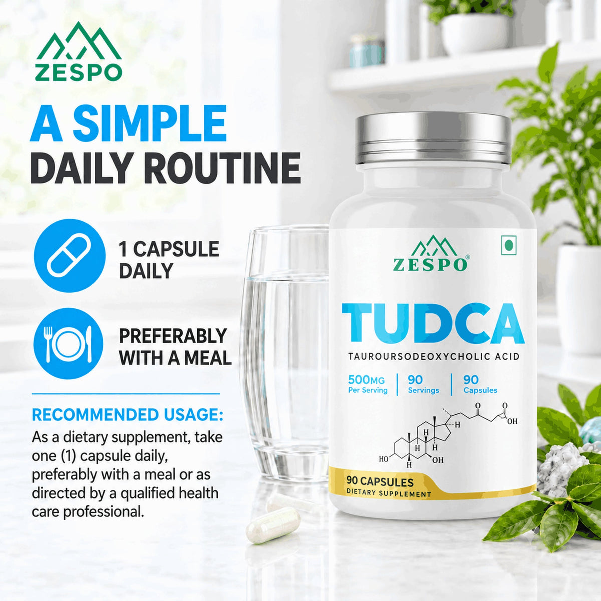 Zespo TUDCA 500 mg (Tauroursodeoxycholic Acid) | Pure TUDCA for Liver Health & Bile Flow Support | 1 Capsule Daily | 90 Vegan Capsules