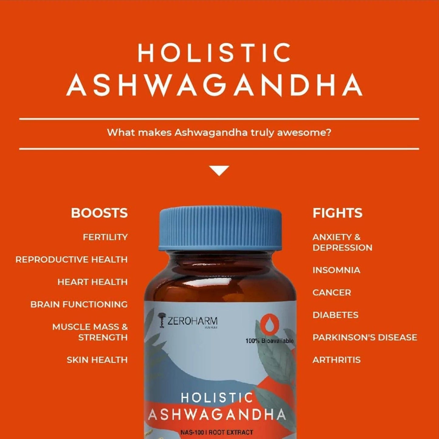 Zeroharm Capsules Holistic Ashwagandha - Stress & Anxiety Relief Tablets (60 tabs)