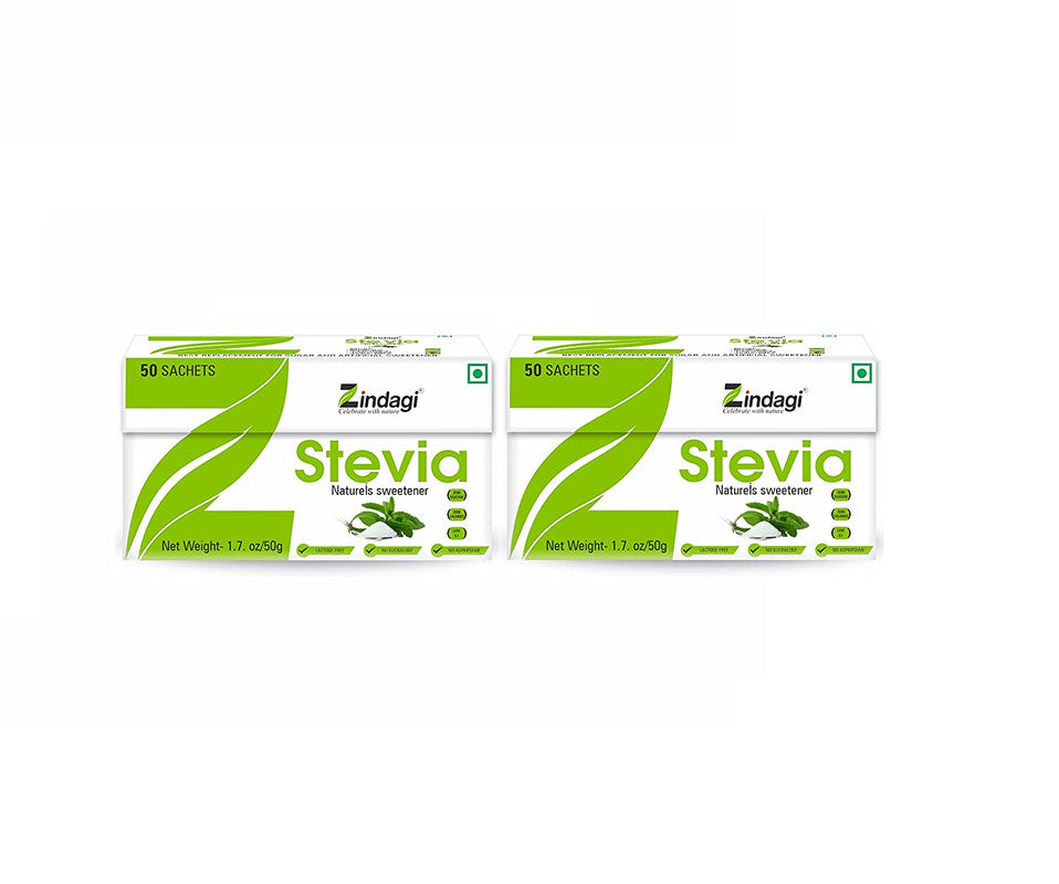 Zindagi Stevia Powder Sachets  - Zero Calorie Sweetener - Pure Stevia Leaf Extract (Pack of 2) Each 50gm